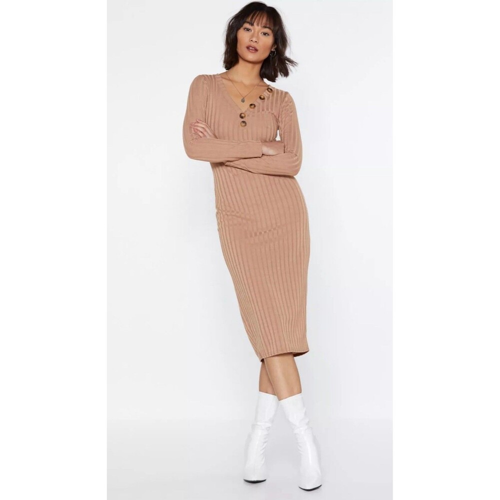Nasty Gal Knit Ribbed Bodycon Midi Dress Tan Camel V-Neck Button LS Sz 4 - NWT